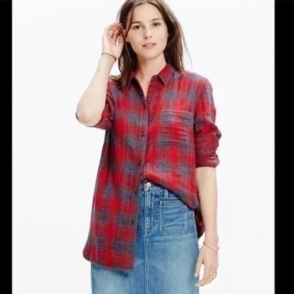 Madewell Ex-boyfriend red gray Lansing plaid flannel pockets XS cotton shirt